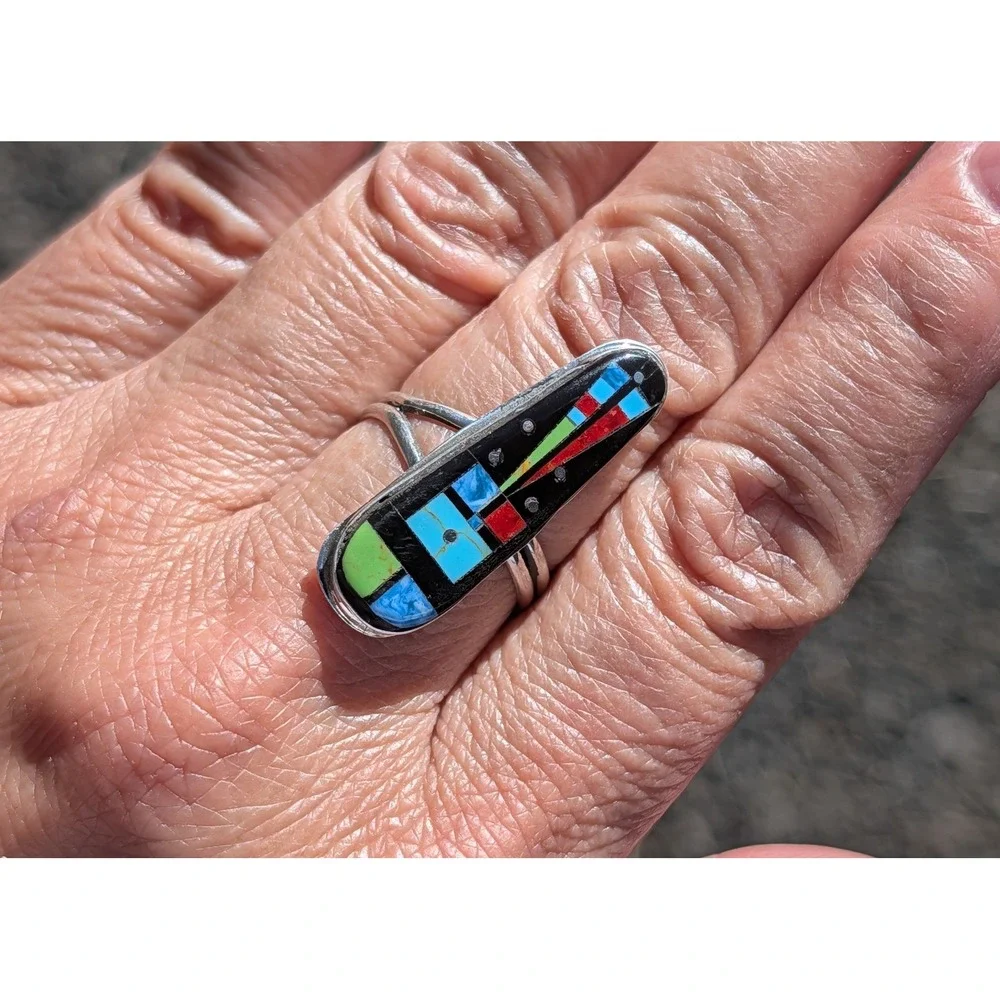 Handmade‎ Zuni Inlay Ring by Gilbert Smith Adjustable Sterling Silver Night Day